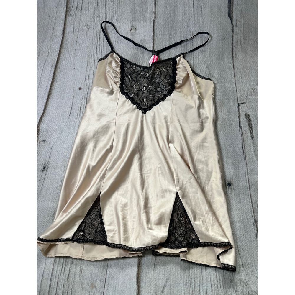 Cosmopolitan Chemise Women XL Champagne Gold Black Lace Trim Coquette Satin Slip